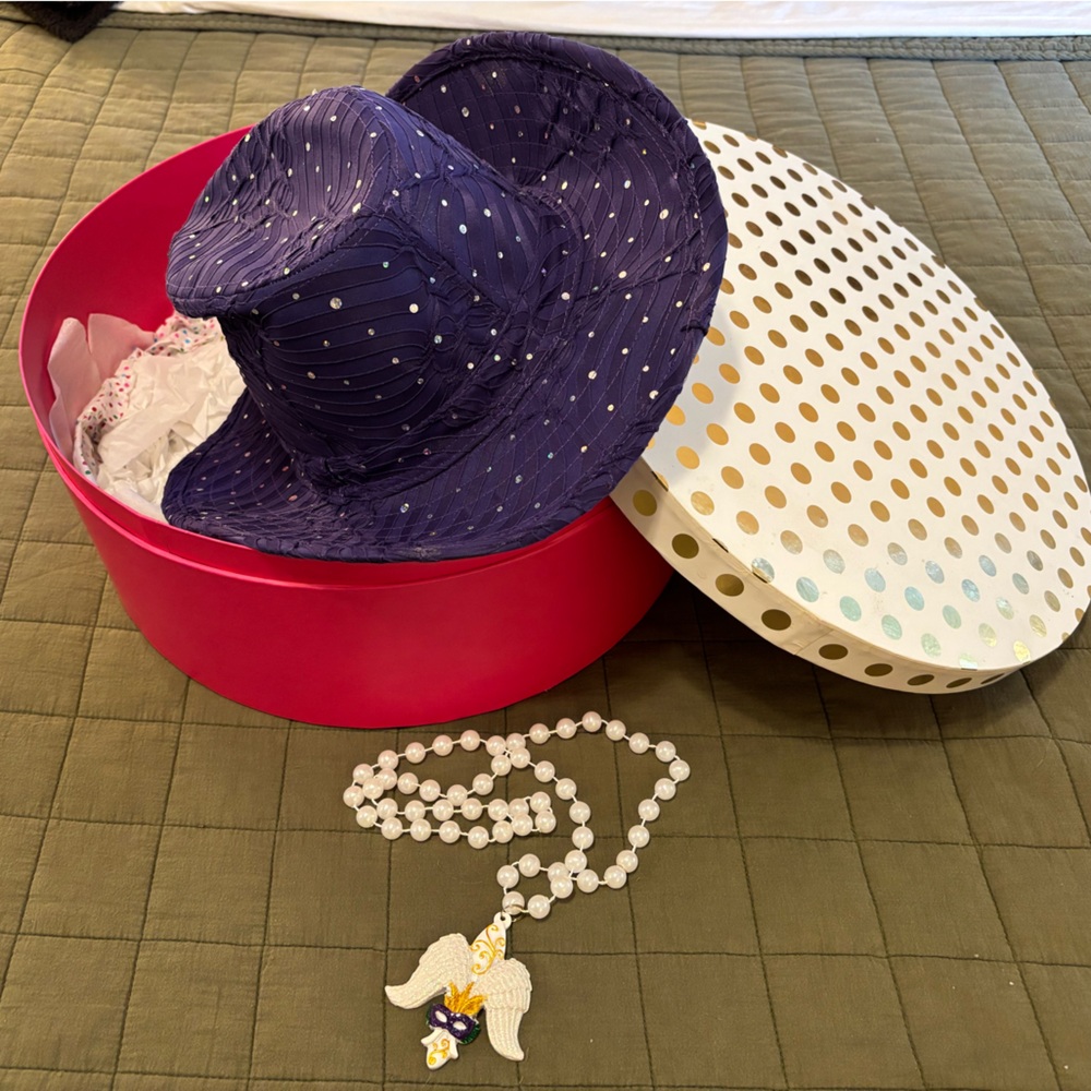 Mardi Gras Revelry Bundle With Purple Women's Hat & Beads. Hatbox not included.